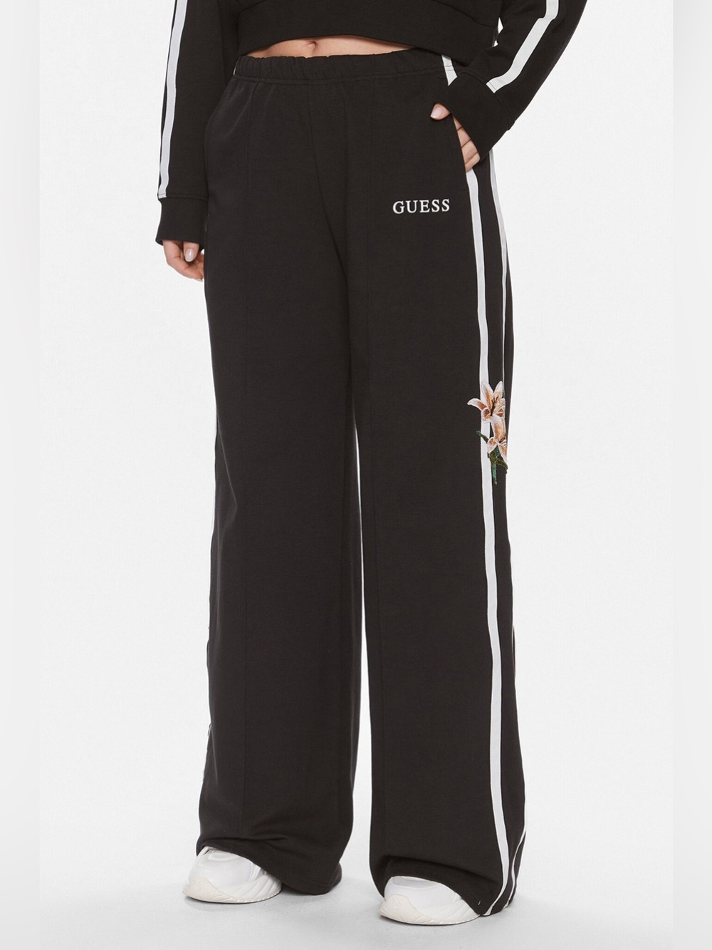 Guess Black Track Pants with White Side Stripes & Floral Accent